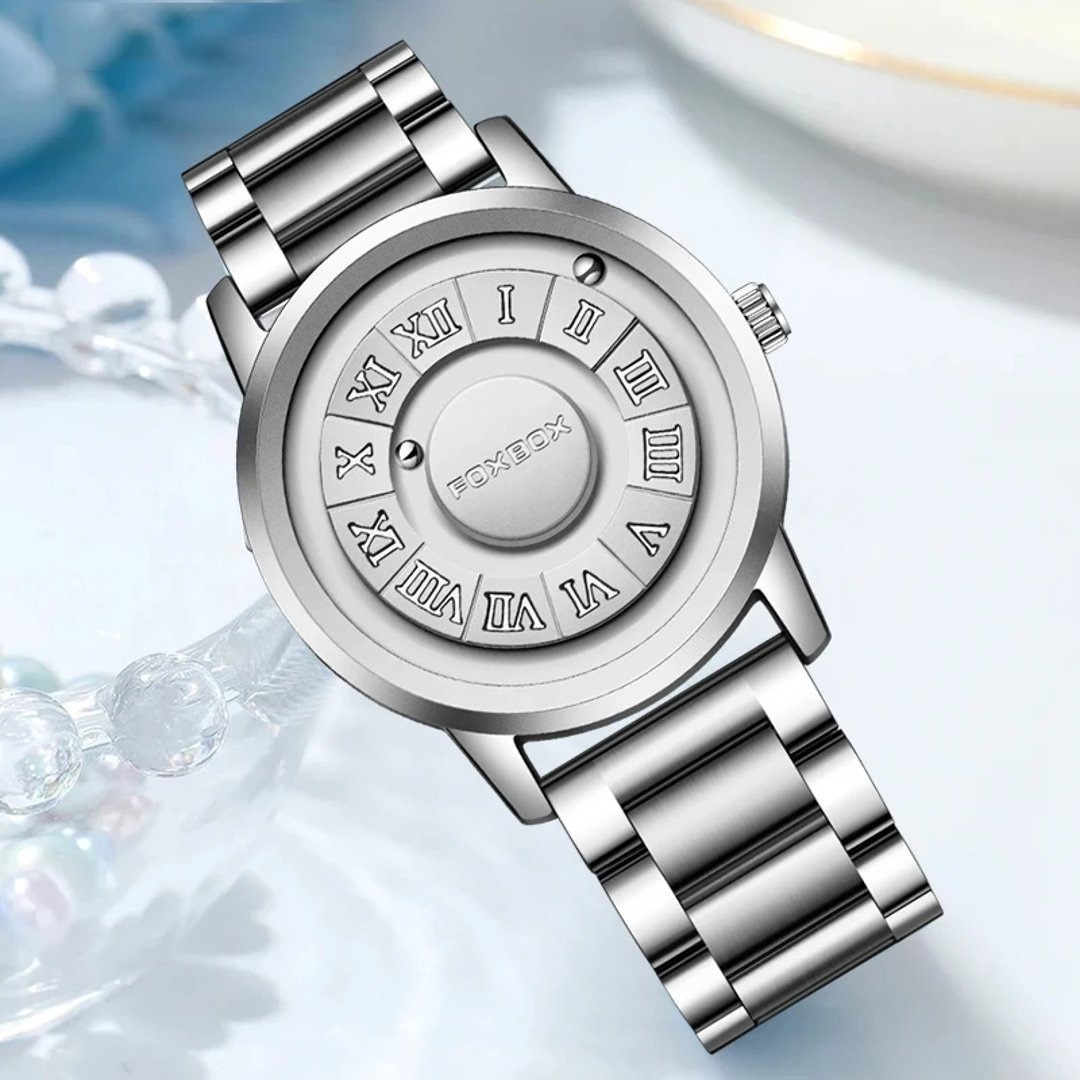 Picture of FOXBOX-Silver Men's Quartz Watches with Leather Strap, Top Band, Scroll Beads, Magnetic Force, Waterproof, Fashion Men's Watch