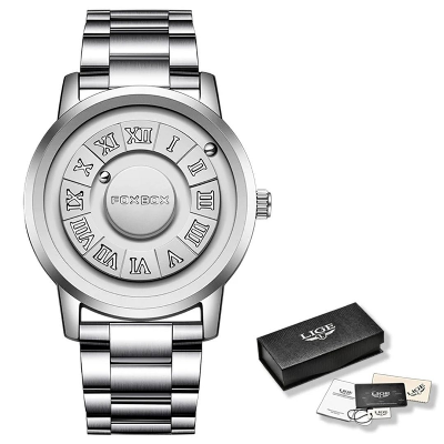 Picture of FOXBOX-Silver Men's Quartz Watches with Leather Strap, Top Band, Scroll Beads, Magnetic Force, Waterproof, Fashion Men's Watch