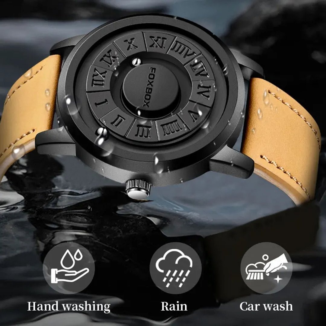 Picture of FOXBOX-Men's Magnetic Quartz Wristwatch Creative Scroll Pointer Genuine Leather Watch