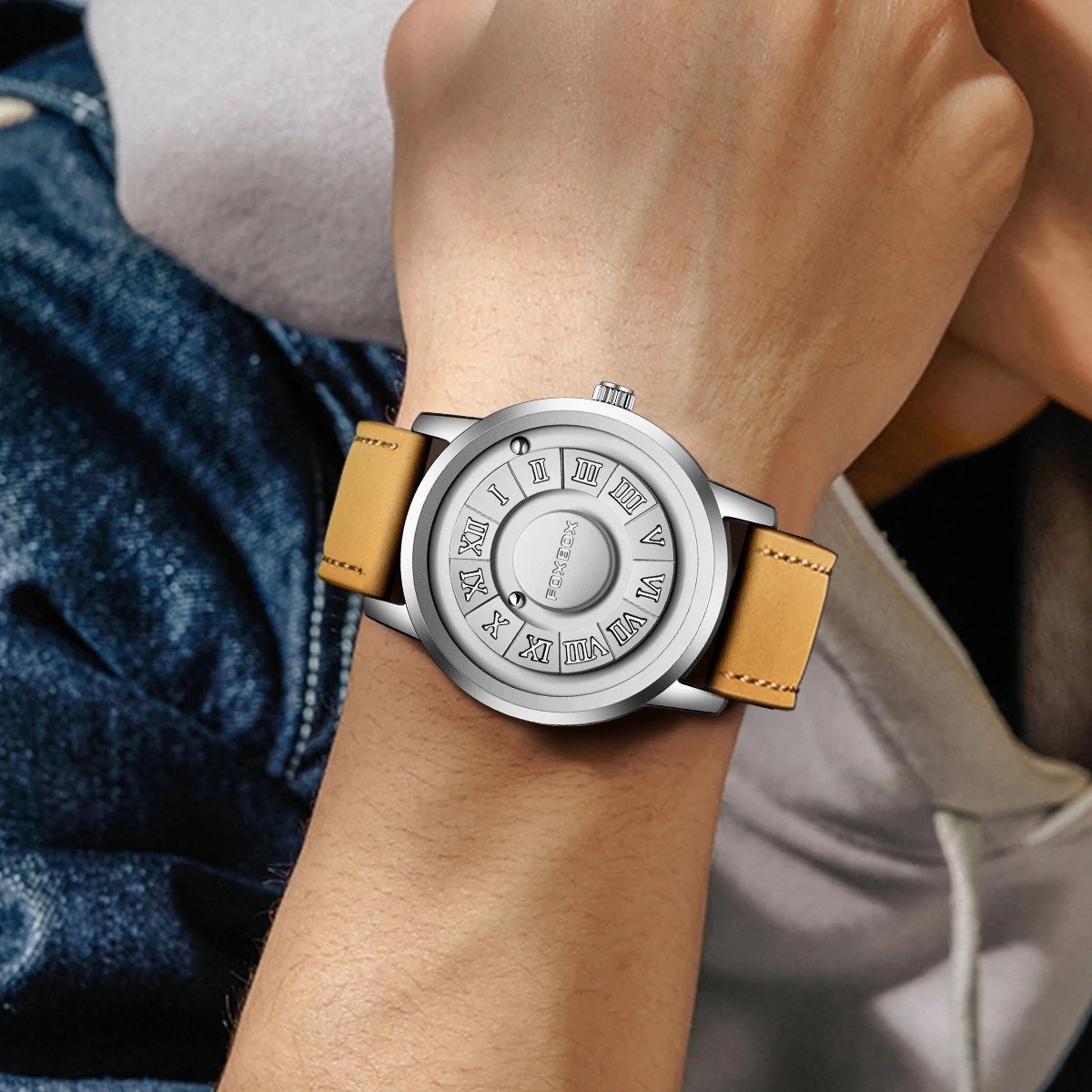 Picture of FOXBOX-Men's Quartz Watches with Leather Strap, Top Band, Scroll Beads, Magnetic Force, Waterproof, Fashion Men's Watch