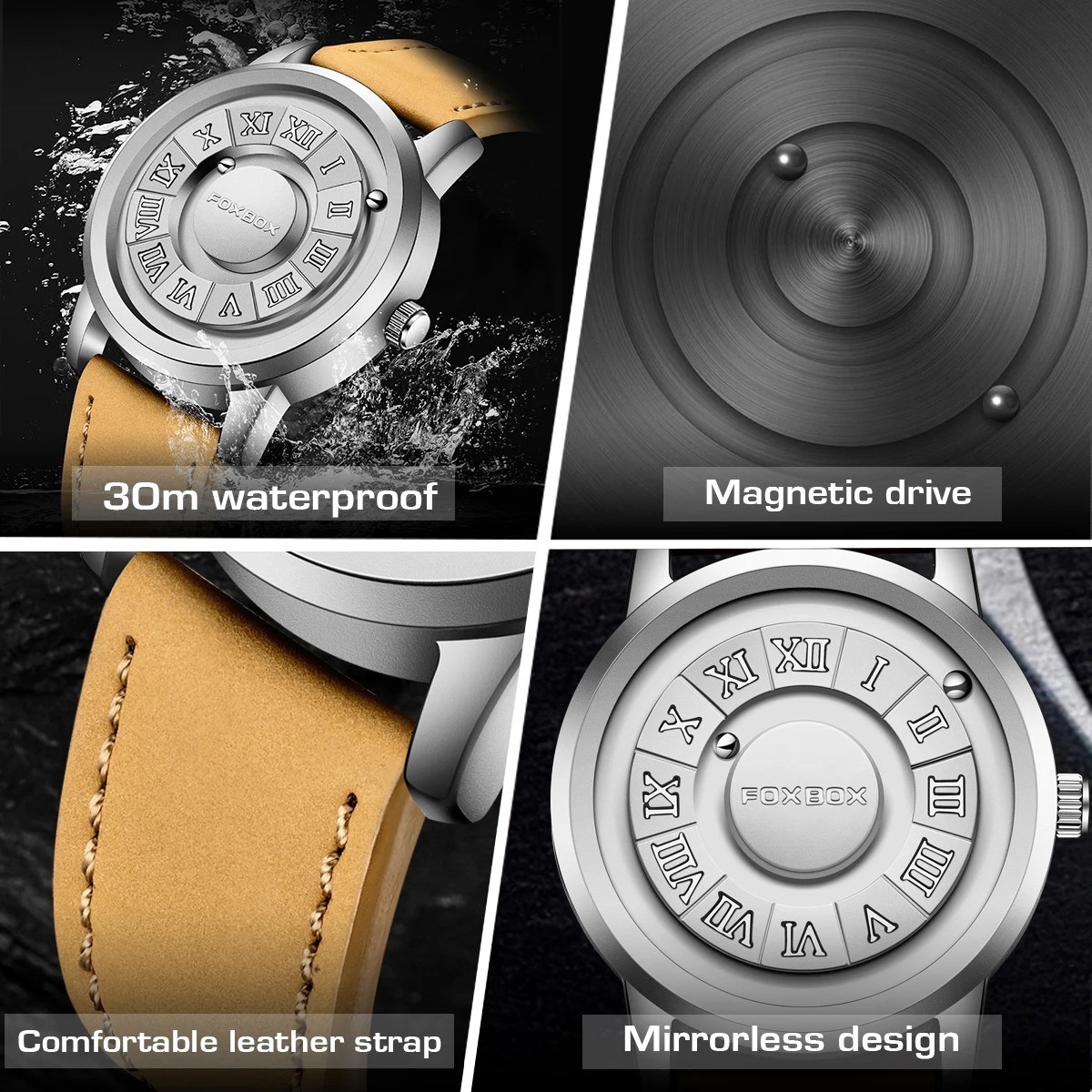 Picture of FOXBOX-Men's Quartz Watches with Leather Strap, Top Band, Scroll Beads, Magnetic Force, Waterproof, Fashion Men's Watch