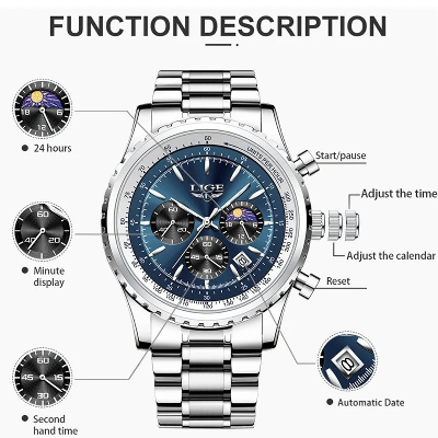 Picture of LIGE 8989 Fashion Men Watch Stainless Steel Top Brand Luxury Sport Chronograph Quartz Wrist Watches for Men Relogio Masculino+Box