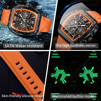Picture of LIGE89108 Fashion Mens Watches 5ATM Sports Waterproof Quartz Wristwatch Luminous Date Silicone Clock Luxury Man Watch