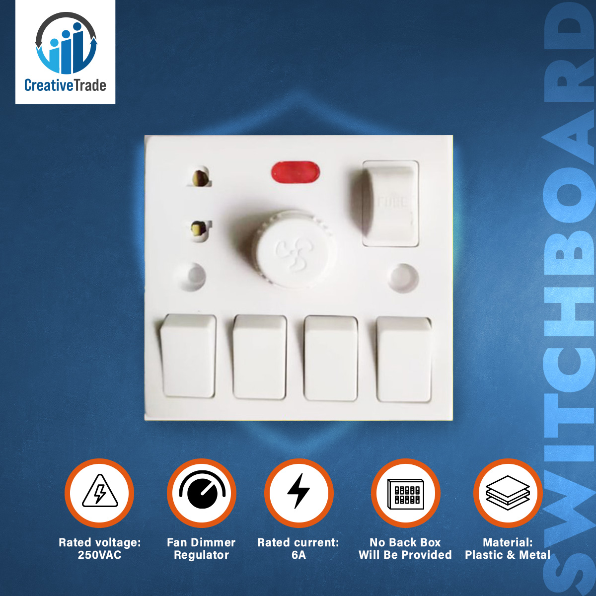 Picture of Universal 5 In 1 AC 250V 6A Combine 4 Pcs Gang Switch + Fan Dimmer Regulator + 2 Pin Socket and LED Indicator + Fuse Combine Wall Gang Switch Box