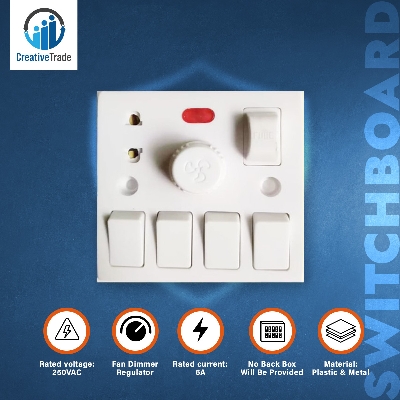 Picture of Universal 5 In 1 AC 250V 6A Combine 4 Pcs Gang Switch + Fan Dimmer Regulator + 2 Pin Socket and LED Indicator + Fuse Combine Wall Gang Switch Box