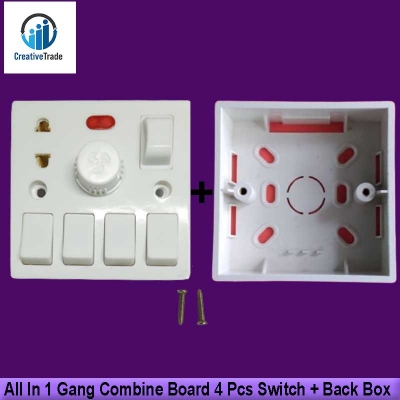Picture of All In 1 Gang Combine Board 4 Pcs  Switch + Fan Dimmer Regulator + 2 Pin Socket and LED Indicator + Fuse With 1 Back Cover Junction Box