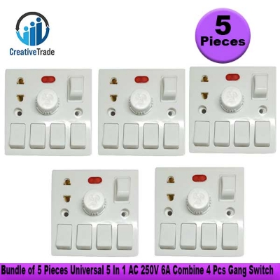 Picture of Bundle of 5 Pieces Universal 5 In 1 AC 250V 6A Combine 4 Pcs Gang Switch Fan Dimmer Regulator 2 Pin Socket and LED Indicator Fuse Combine switch box