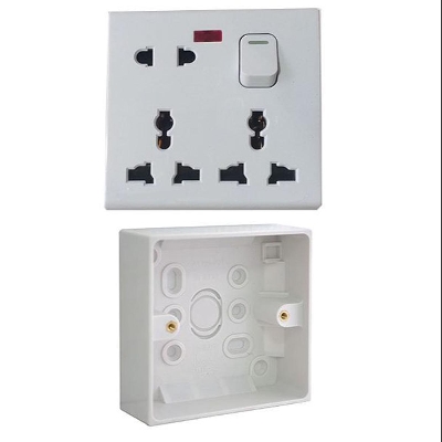 Picture of One Gang PVC with Universal 8 Pin Multi with 2 Pin and 3 Pin Combined Function Universal Socket with Switch 8 Pin Multy 1Gang Back Cover Junction Box