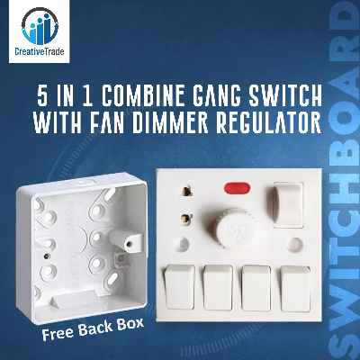 Picture of 5 In 1 AC 250V 4 Pcs Gang Switch + Fan Dimmer Regulator + 2 Pin Socket and LED Indicator With Fuse Wall Gang Switch Box With 1 Gang Back Box