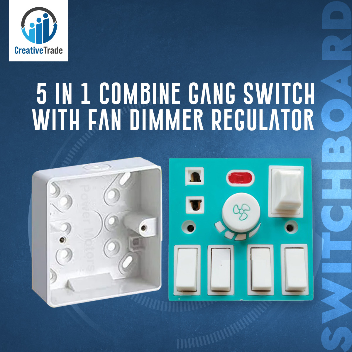 Picture of 5 In 1 AC 250V 6A Combine 4 Pcs Gang Switch With Fan Dimmer Regulator + 2 Pin Socket+ LED Indicator and Fuse Multicolor Combine Wall Gang All In One- Blue Color