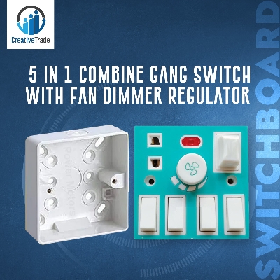 Picture of 5 In 1 AC 250V 6A Combine 4 Pcs Gang Switch With Fan Dimmer Regulator + 2 Pin Socket+ LED Indicator and Fuse Multicolor Combine Wall Gang All In One- Blue Color