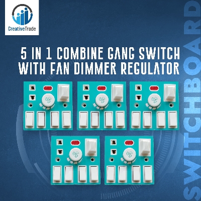 Picture of Bundle of 5 Pieces 5 In 1 AC 250V 6A Combine 4 Pcs Gang Switch With Fan Dimmer Regulator + 2 Pin Socket+ LED Indicator and Fuse Multicolor Combine Wall Gang All In One- Blue Color