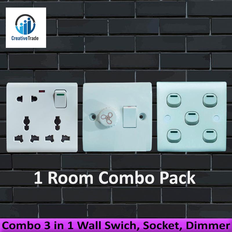Picture of Combo 3 in 1 Wall Gang Swich, 8 Pin Gang Socket, Gang Dimmer- 1 Room Combo Pack