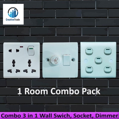 Picture of Combo 3 in 1 Wall Gang Swich, 8 Pin Gang Socket, Gang Dimmer- 1 Room Combo Pack