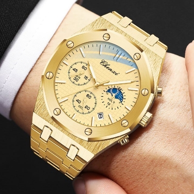 Picture of Luxury Gold Watches for Men Royal Stainless Steel Waterproof Chronograph Golden Business Casual Male Quartz Wristwatch
