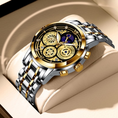 Picture of LIGE 8942 Mens Watches Top Brand Luxury Skeleton Quartz Wristwatch Fashion Business Stainless Gold Watch