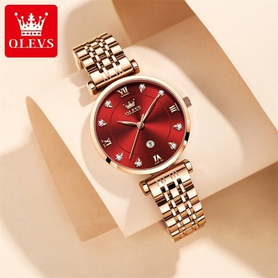 Picture of OLEVS Luxury Fashion Rose Gold Diamond Women Watches Wine Red Female Quartz Wrist Watch Ladies Reloj Mujer Relogio