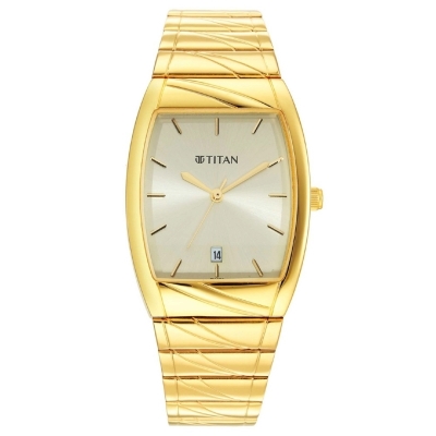 Picture of Titan 9315Ym05 Rectangle Champagne Dial Analog With Date Stainless Steel Strap