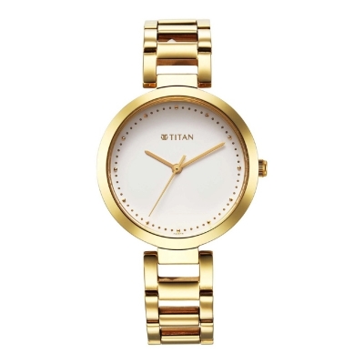 Picture of Titan 2480Ym03 Workwear Quartz Analog White Dial Golden Stainless Steel Strap Watch For Women