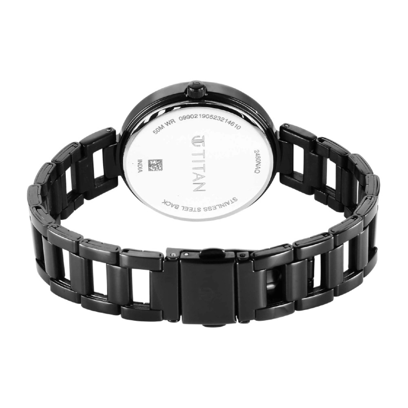 Picture of Titan 2480Nm01 Workwear Quartz Analog Black Dial Black Stainless Steel Strap Watch For Women