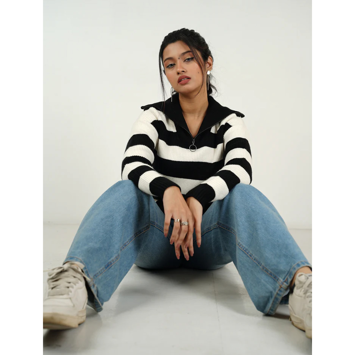 Picture of Bosphorus Monochrome Zip Collar Jumper For Women B&W