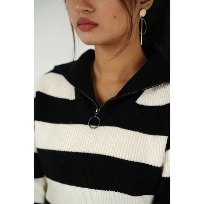 Picture of Bosphorus Monochrome Zip Collar Jumper For Women B&W