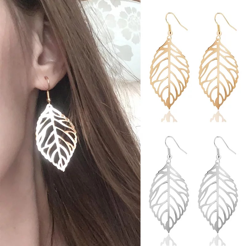 Picture of Simple Mori Fashion Leaf Earrings For Women 2021 Zinc Alloy Gold Silver Color Hoops Jewelry Gift Hanging Long Ear Rings