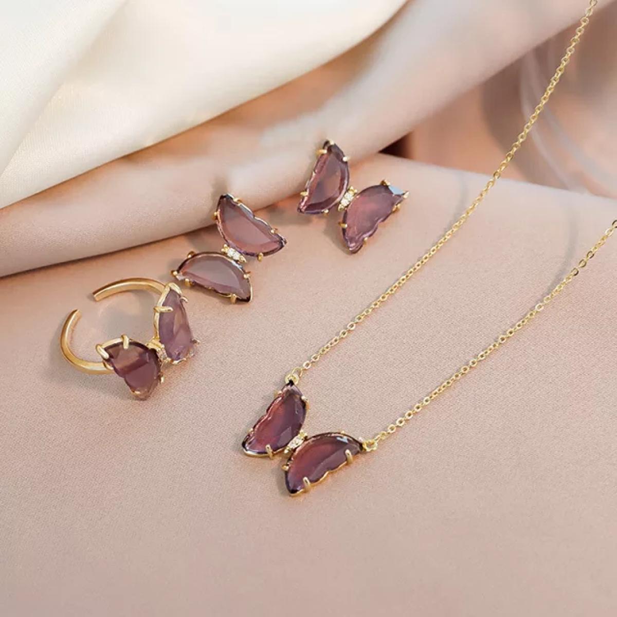 Picture of Purple Crystal Butterfly Hoop Earrings Ring Necklace Earrings Korean Luxury Fairy Girl Jewelry Set For Women Bijoux 2020 New