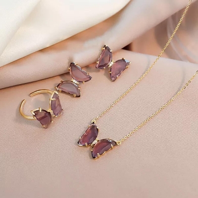 Picture of Purple Crystal Butterfly Hoop Earrings Ring Necklace Earrings Korean Luxury Fairy Girl Jewelry Set For Women Bijoux 2020 New