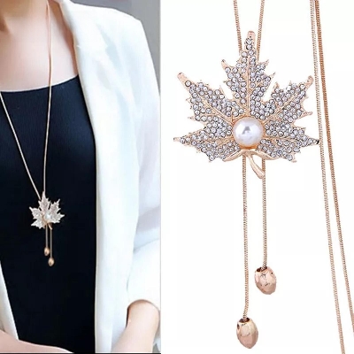 Picture of Hot Sell Lovely Maple Leaf Long Beaded Chain Tassel Pendant Necklace Women Office Lady Imitation Pearl Jewelry Gifts 035 - Necklace For Girls