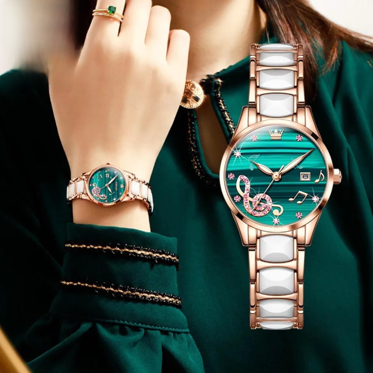 Picture of OLEVS 3606 New Light Luxury Women's Watch Fashion Simple Temperament Stainless Steel Ceramic Strap Quartz Watch 3605 rose gold white & red