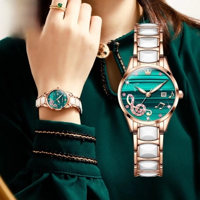 Picture of OLEVS 3606 New Light Luxury Women's Watch Fashion Simple Temperament Stainless Steel Ceramic Strap Quartz Watch 3605 rose gold white & red