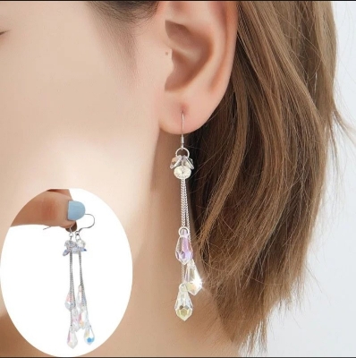 Picture of Delysia King Women's Versatile Long Tassel Water Drop Earrings Trendy Crystal Sparkle Temperament Anti Allergy Eardrop