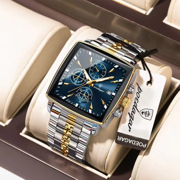 Picture of POEDAGAR Men's Square Sports Watches Waterproof Luminous Quartz Wristwatch Luxury Stainless Steel Clock
