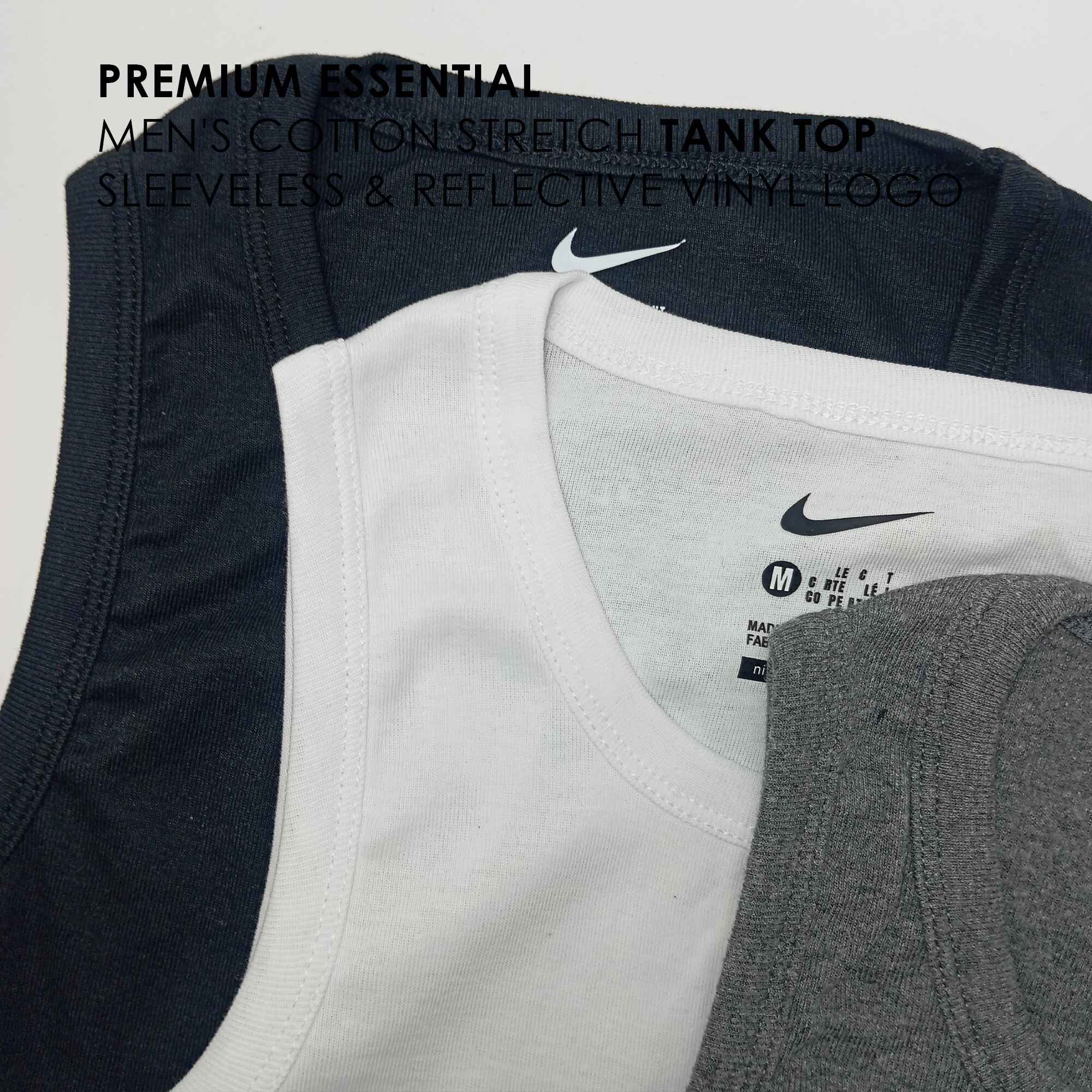Picture of PREMIUM ESSENTIAL Men's Cotton Stretch Tank Top-Vest-Gangi - Sleeveless & REFLECTIVE Logo - 3 Pcs Set