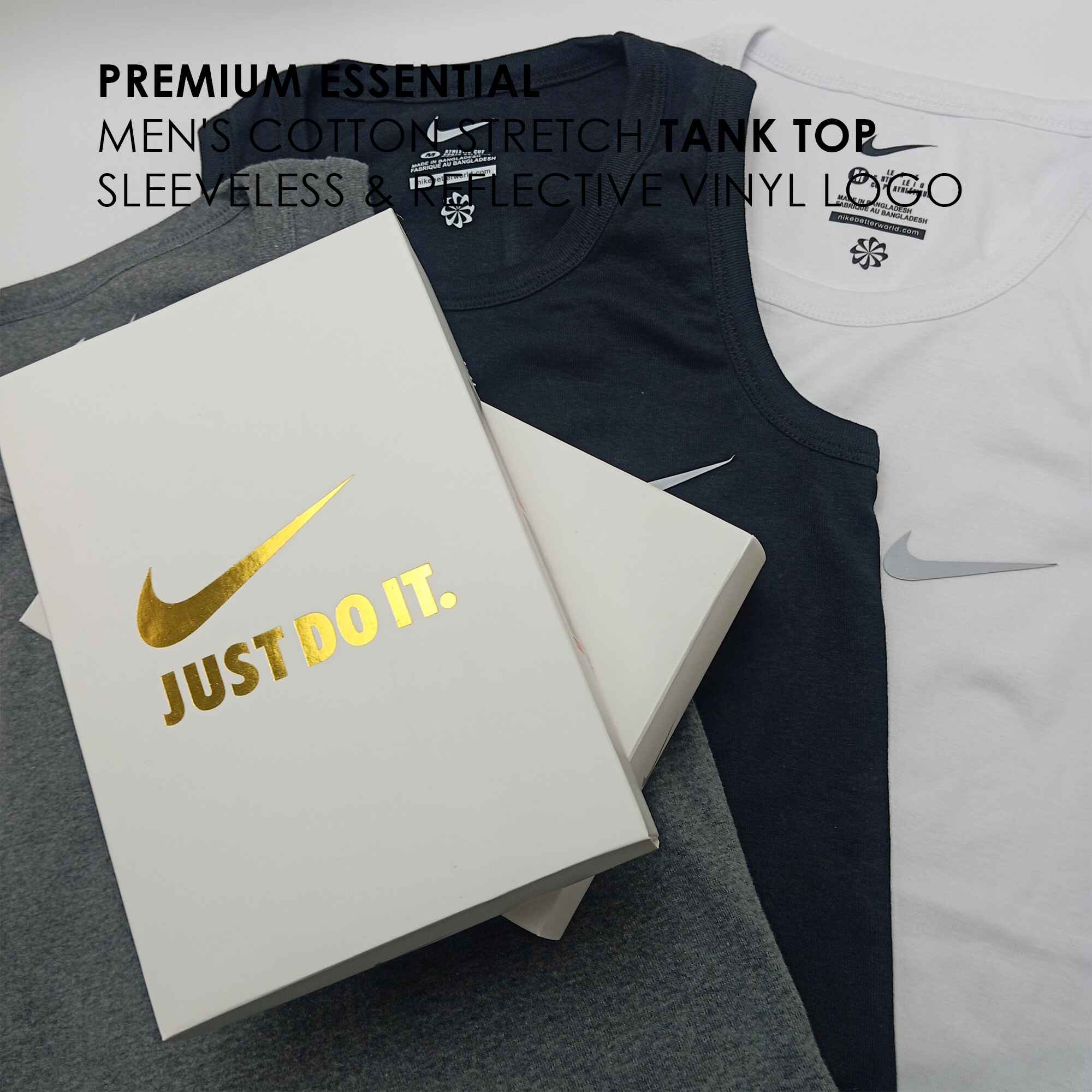 Picture of PREMIUM ESSENTIAL Men's Cotton Stretch Tank Top-Vest-Gangi - Sleeveless & REFLECTIVE Logo - 3 Pcs Set