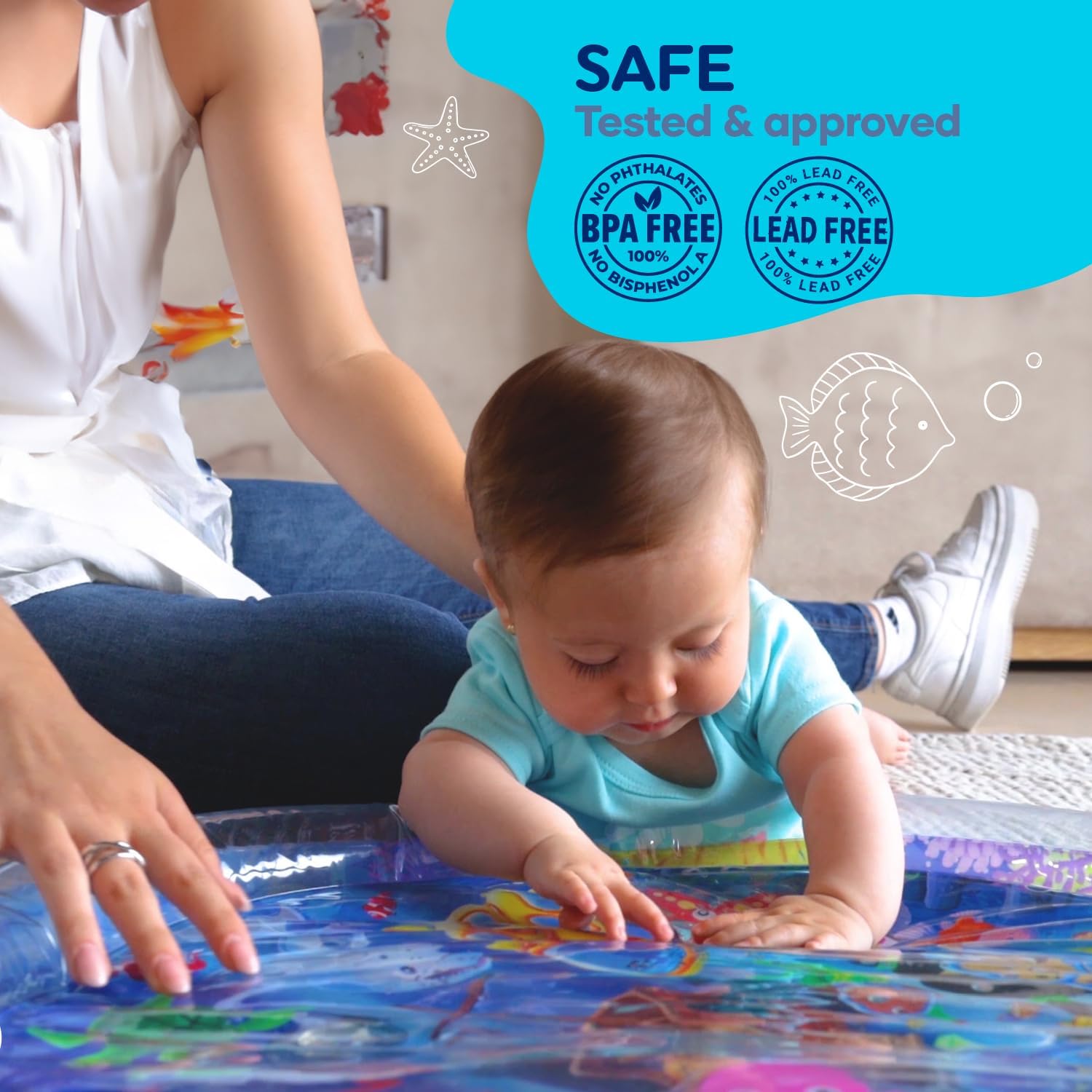 Picture of 65 cm Round Shape Children's Inflatable Pat Pad Water Play Mat Inflatable Baby Mat Water Pad PVC Ocean Fish Water Pad Toy Cushion Gift for Infants Toddlers Boys Girls Round Play Mat