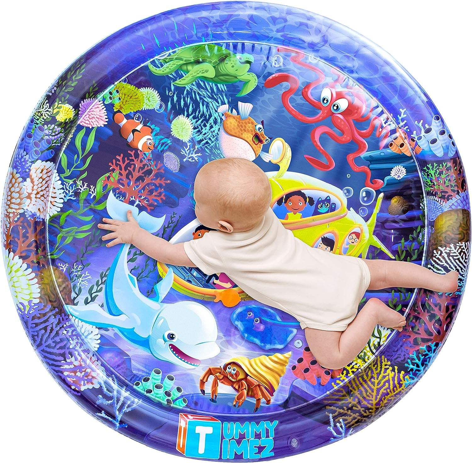 Picture of 85 cm Round Shape Children's Inflatable Pat Pad Water Play Mat Inflatable Baby Mat Water Pad PVC Ocean Fish Water Pad Toy Cushion Gift for Infants Toddlers Boys Girls Round Play Mat