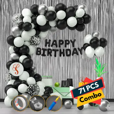 Premium Black & White Birthday Decoration Combo- Metallic Balloons, Banners, and Pumper for Easy Party Setup- (Pack of 71 Pcs)