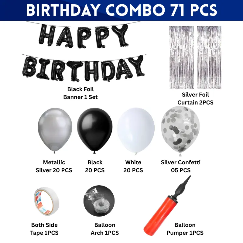 Premium Black & White Birthday Decoration Combo- Metallic Balloons, Banners, and Pumper for Easy Party Setup- (Pack of 71 Pcs)