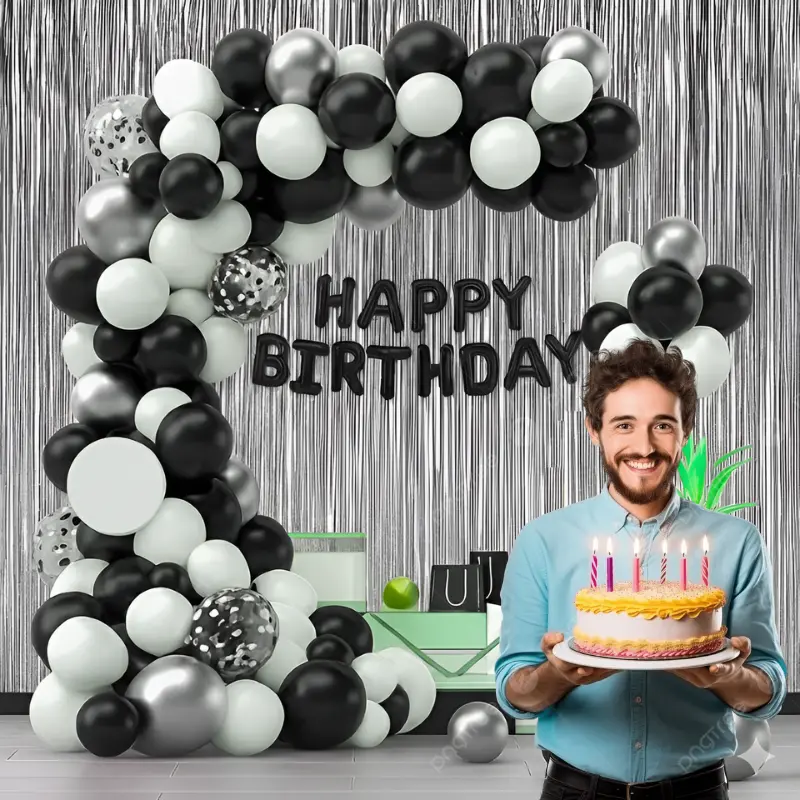 Premium Black & White Birthday Decoration Combo- Metallic Balloons, Banners, and Pumper for Easy Party Setup- (Pack of 71 Pcs)