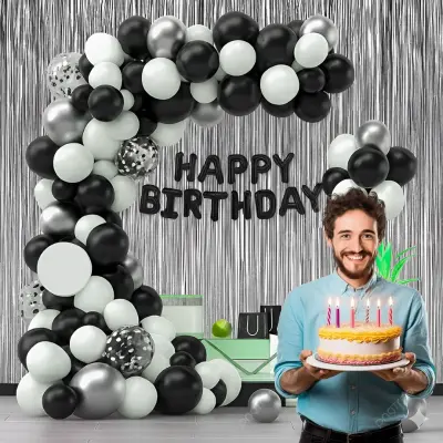 Premium Black & White Birthday Decoration Combo- Metallic Balloons, Banners, and Pumper for Easy Party Setup- (Pack of 71 Pcs)