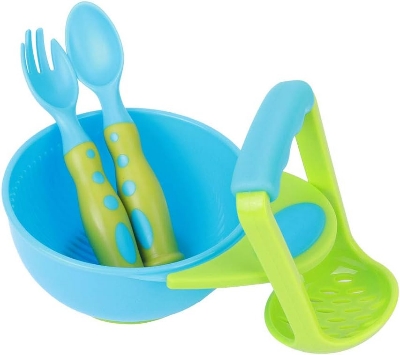 Picture of Baby Masher Bowl, Feeding Bowl with Spoon and Potato Masher for Infants (Mixed Color Pattern Blue and Green)