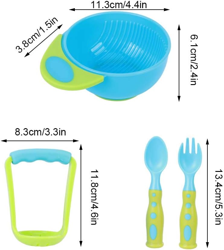 Picture of Baby Masher Bowl, Feeding Bowl with Spoon and Potato Masher for Infants (Mixed Color Pattern Blue and Green)