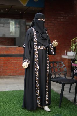 Picture of Abaya borka (5 Item Embroidery Borka ) (With Inner+Niqab+Hijab+Coati+Belt ) Dubai Charry Georget Stylish Embroidery Work Party Borka For Women