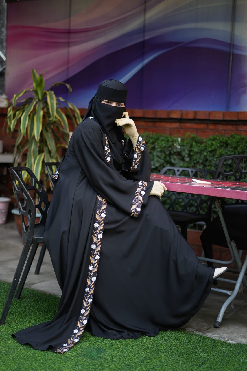 Picture of Abaya borka (5 Item Embroidery Borka ) (With Inner+Niqab+Hijab+Coati+Belt ) Dubai Charry Georget Stylish Embroidery Work Party Borka For Women