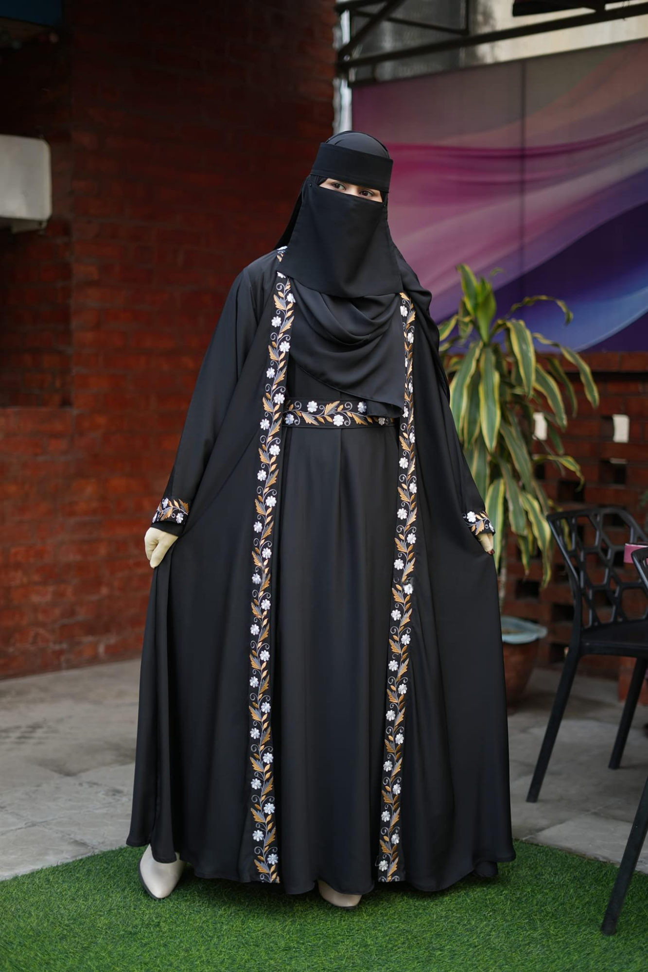 Picture of Abaya borka (5 Item Embroidery Borka ) (With Inner+Niqab+Hijab+Coati+Belt ) Dubai Charry Georget Stylish Embroidery Work Party Borka For Women