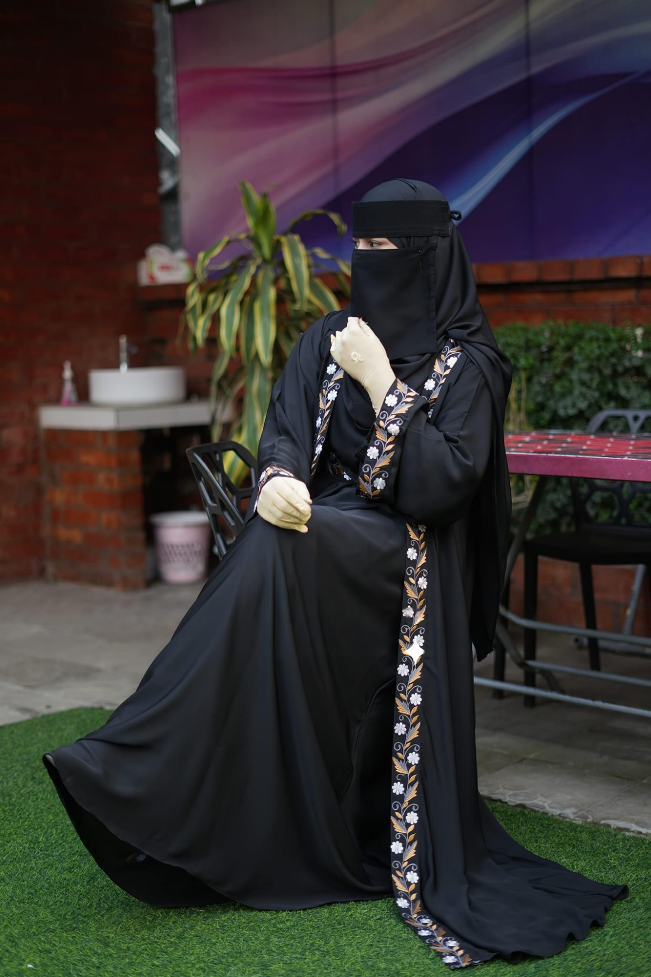 Picture of Abaya borka (5 Item Embroidery Borka ) (With Inner+Niqab+Hijab+Coati+Belt ) Dubai Charry Georget Stylish Embroidery Work Party Borka For Women
