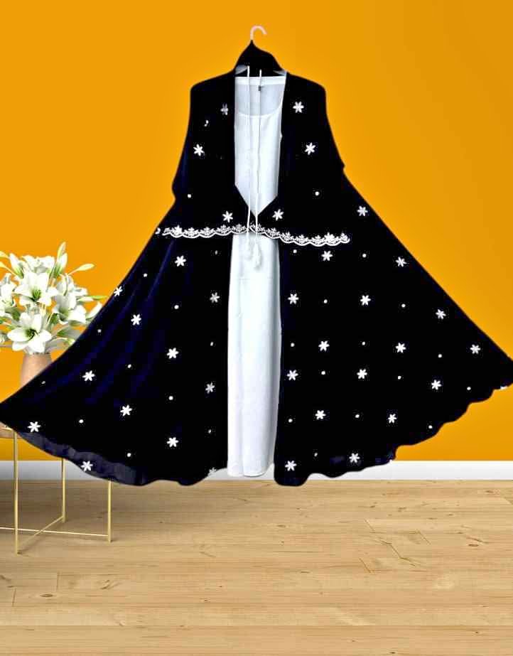 Picture of Abaya borka (Star Borka) (With Inner+Belt+Hijab+Coat ) Dubai Charry Georget Stylish Embroidery Work Party Borka For Women