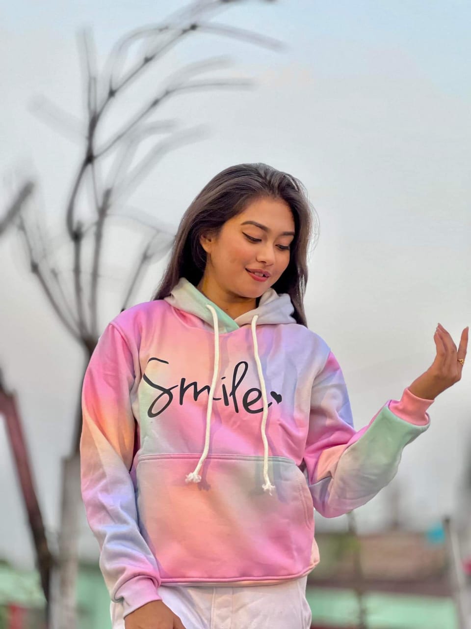 Picture of Rainbow Smile Love Hoodie Fashionable Hooded Sweatshirt Women